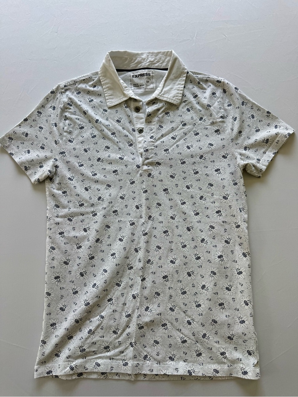 Express Men's White Polo with Navy Floral Print